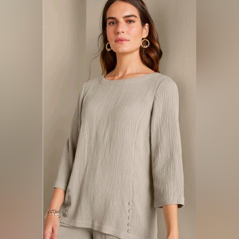 SOFT SURROUNDINGS Oceo Gauze Tunic Top Pebble Taupe Button Detail SZ MEDIUM